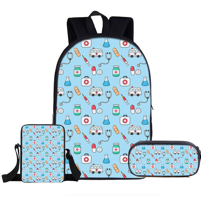 3pc/set Nurse Heart Printing School Bags for Kids, Teenagers and Adults