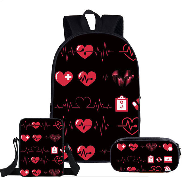 3pc/set Nurse Heart Printing School Bags for Kids, Teenagers and Adults