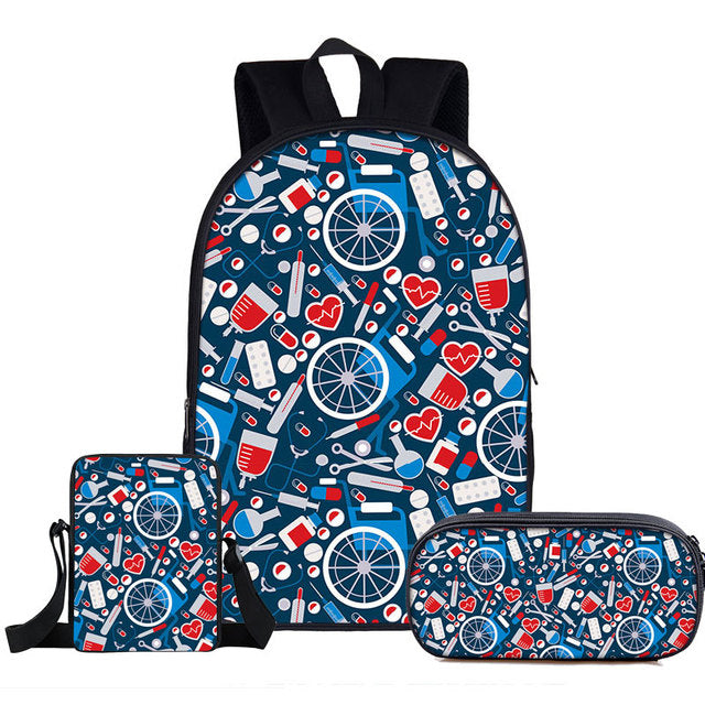 3pc/set Nurse Heart Printing School Bags for Kids, Teenagers and Adults